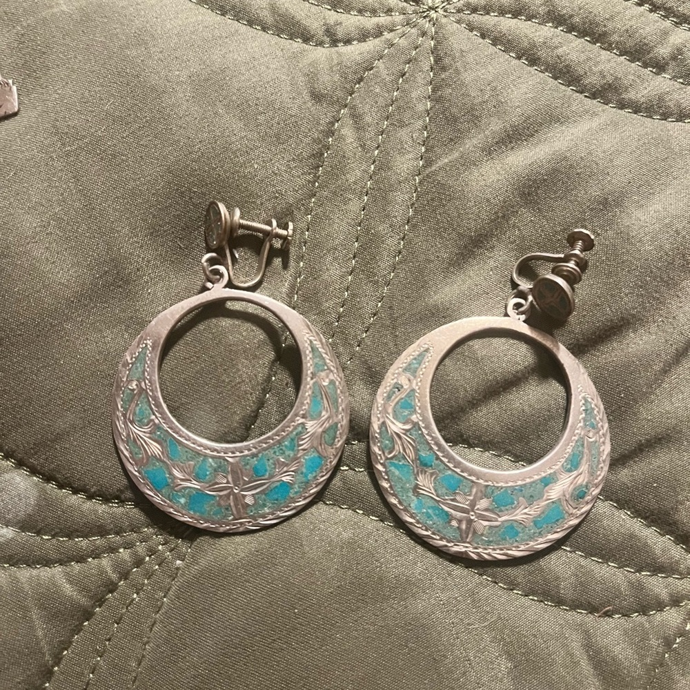 Navajo Silver and Turquoise Hoop Earrings